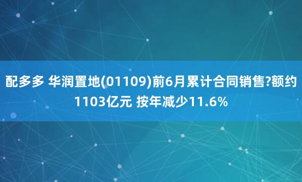 配多多 华润置地(01109)前6月累计合同销售?额约1103亿元 按年减少11.6%